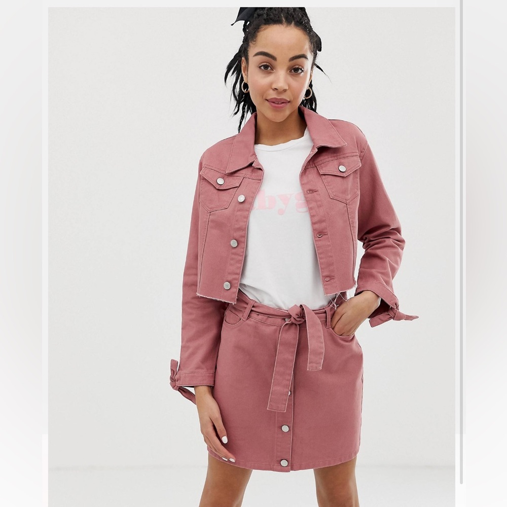 Urban Bliss a-line denim mini skirt with tie waist detail in pink